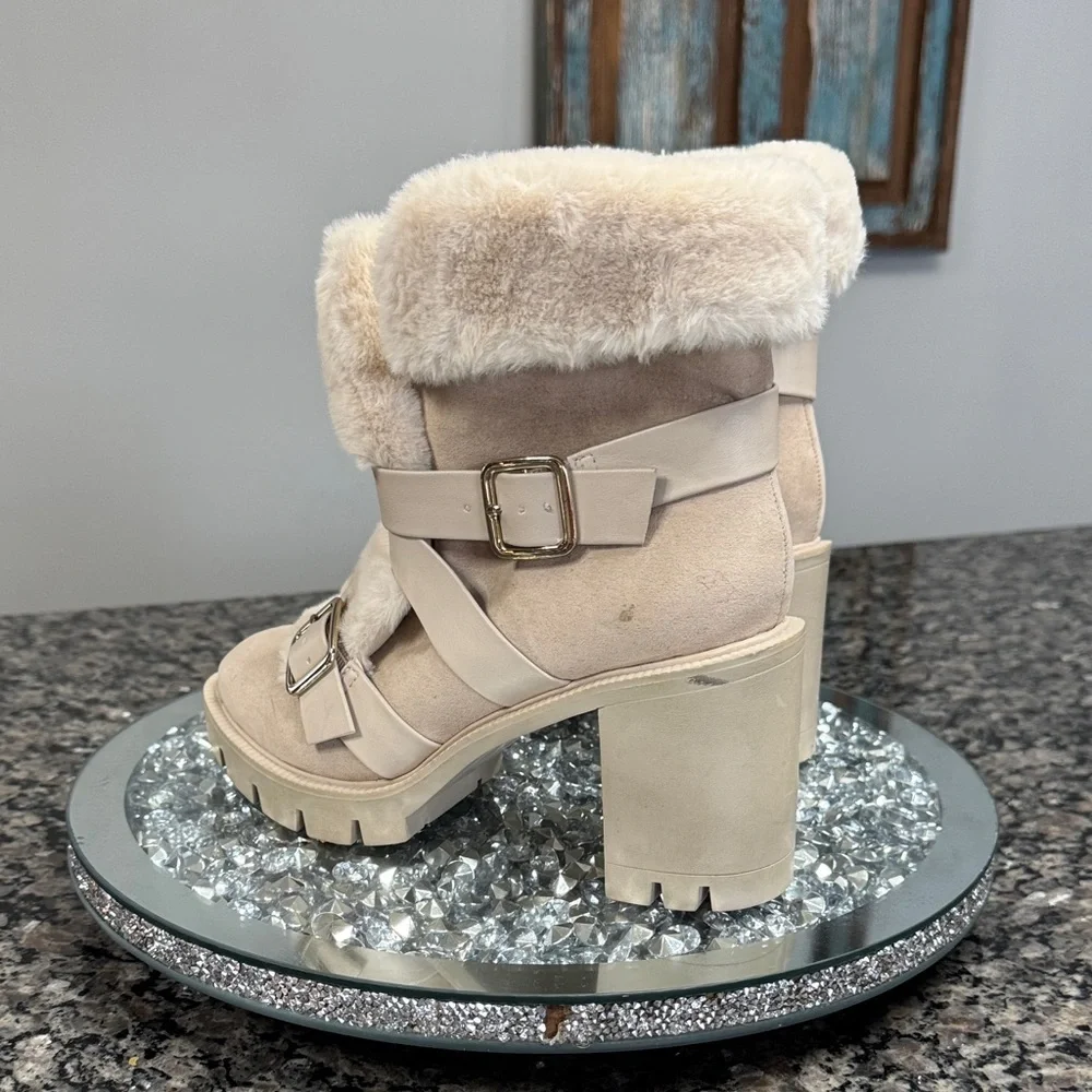 INC International Concepts Cream Faux Fur Lug Heel Winter Boots